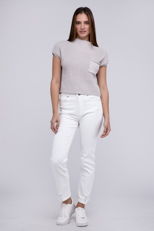 Mock Neck Short Sleeve Cropped Sweater for Women - Stylish Knit Top - Minihomy