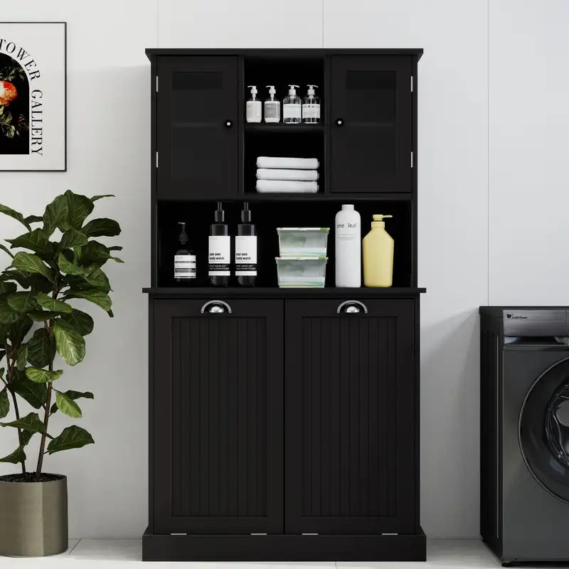 Tall Black Bathroom Cabinet with Tilt-Out Laundry Hamper & Shelves