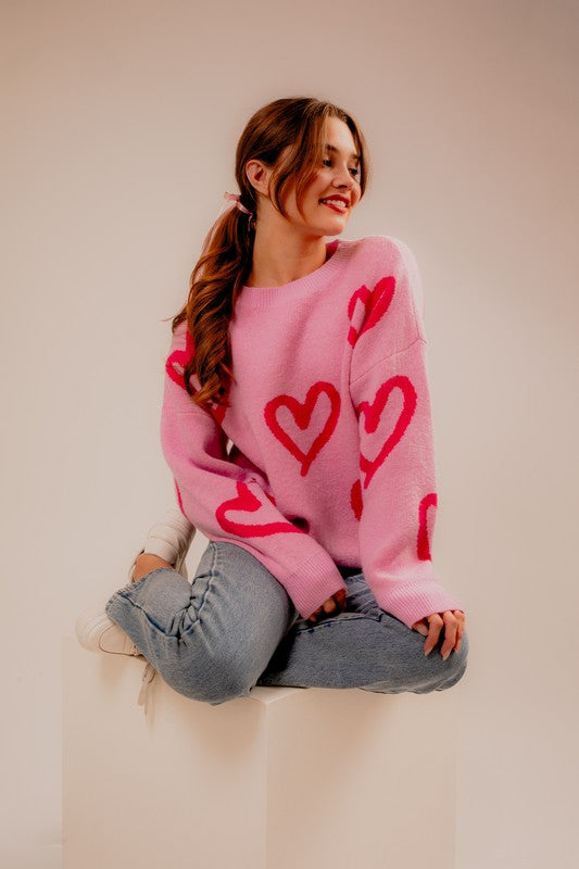 Long Sleeve Round Neck Heart Printed Sweater - Minihomy
