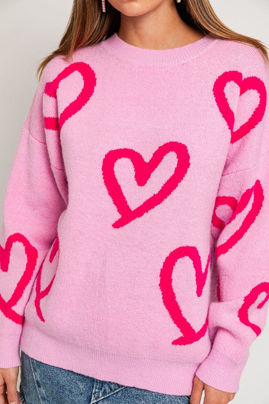Long Sleeve Round Neck Heart Printed Sweater - Minihomy