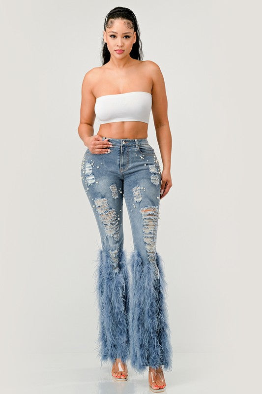 Distressed Pearl Embellished Feather Detail Women's Jeans - Trendy Casual Style - Minihomy