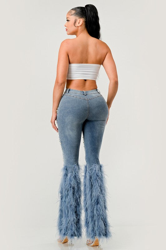 Distressed Pearl Embellished Feather Detail Women's Jeans - Trendy Casual Style - Minihomy