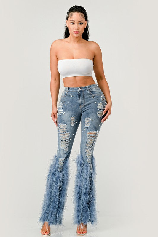 Distressed Pearl Embellished Feather Detail Women's Jeans - Trendy Casual Style - Minihomy