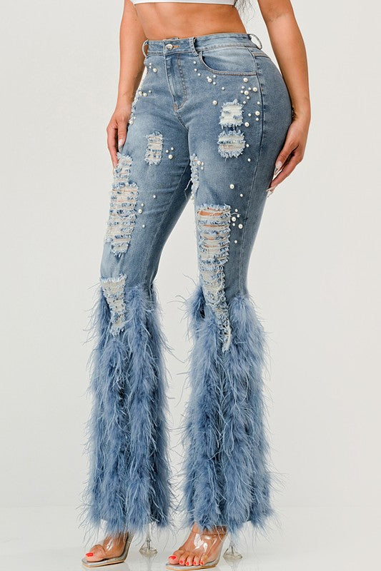 Distressed Pearl Embellished Feather Detail Women's Jeans - Trendy Casual Style - Minihomy