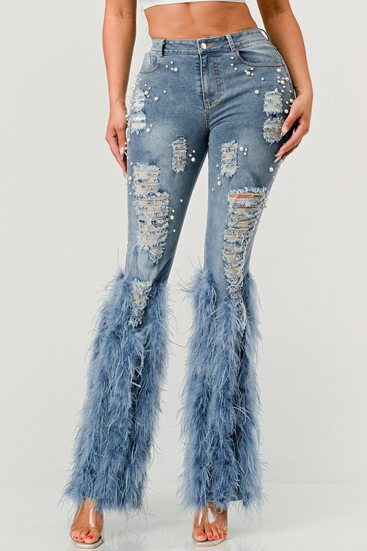 Distressed Pearl Embellished Feather Detail Women's Jeans - Trendy Casual Style - Minihomy