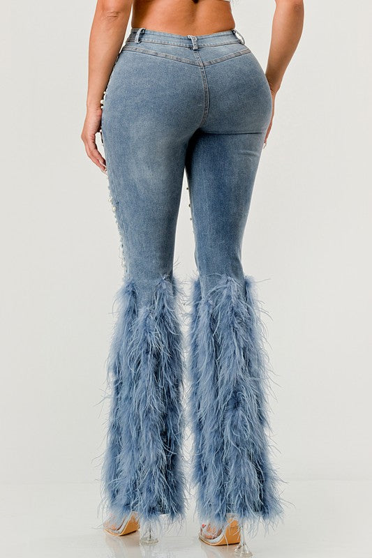 Distressed Pearl Embellished Feather Detail Women's Jeans - Trendy Casual Style - Minihomy