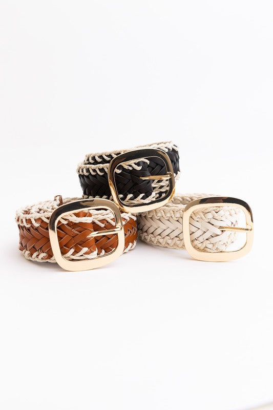 Crochet Trimmed Woven Leather Belt - Minihomy