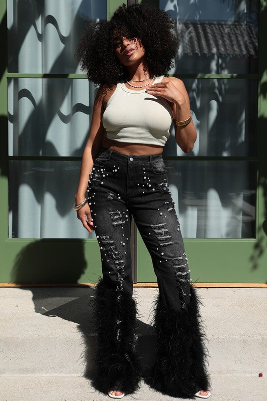 Distressed Pearl Embellished Feather Detail Women's Jeans - Trendy Casual Style - Minihomy