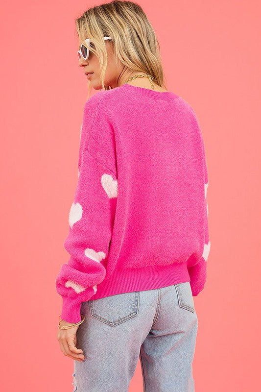 Love Pink Fuzzy Hearts Drop Shoulder Sweater - Minihomy