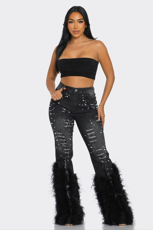 Distressed Pearl Embellished Feather Detail Women's Jeans - Trendy Casual Style - Minihomy