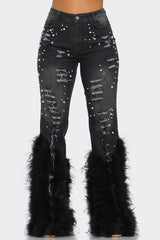 Distressed Pearl Embellished Feather Detail Women's Jeans - Trendy Casual Style - Minihomy
