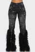 Distressed Pearl Embellished Feather Detail Women's Jeans - Trendy Casual Style - Minihomy