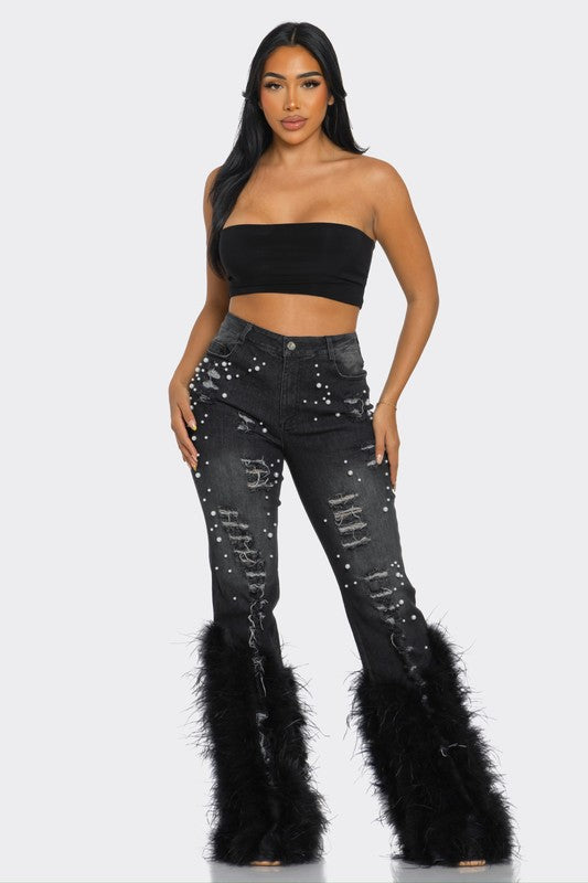 Distressed Pearl Embellished Feather Detail Women's Jeans - Trendy Casual Style - Minihomy