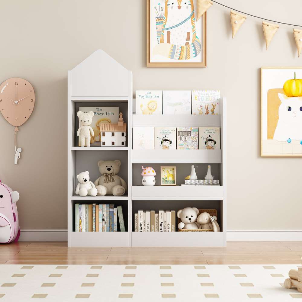 Kids Wooden Bookshelf with 6 Compartments & Baskets - Toy Organizer & Storage