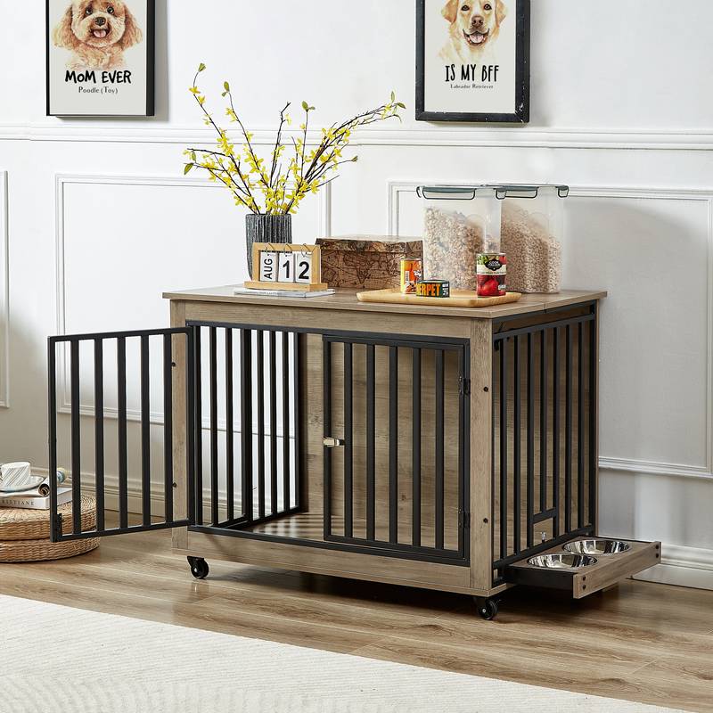 Grey Wooden Dog Crate End Table with Feeding Bowls & Wheels
