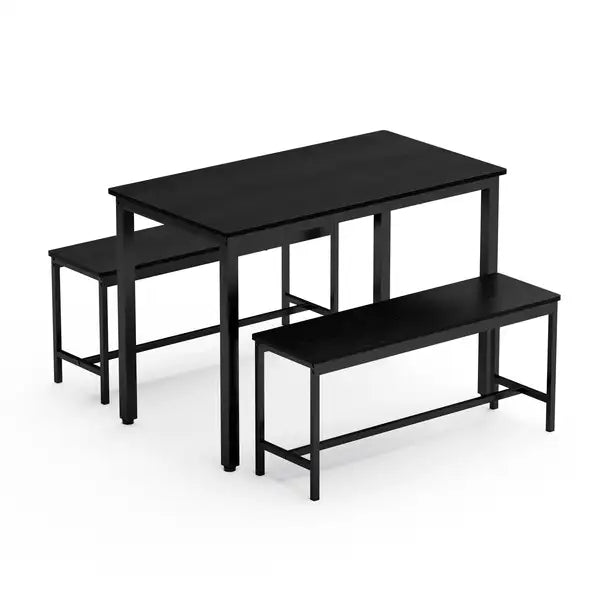 Black Industrial Dining Table Set with 2 Benches - Kitchen, Breakfast, Living Room, Party Room, 43.3"L x 23.6"W x 29.9"H - Minihomy