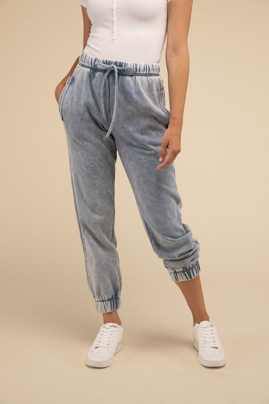 Acid Wash Fleece Sweatpants with Pockets - Comfy & Stylish - Minihomy