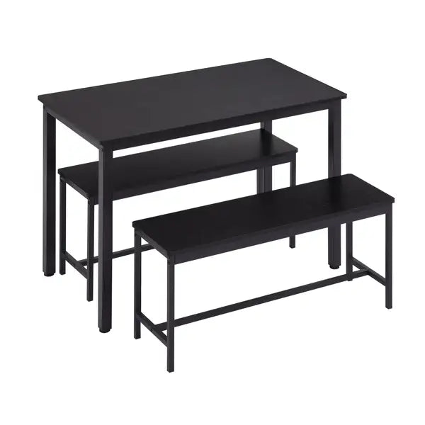 Black Industrial Dining Table Set with 2 Benches - Kitchen, Breakfast, Living Room, Party Room, 43.3"L x 23.6"W x 29.9"H - Minihomy