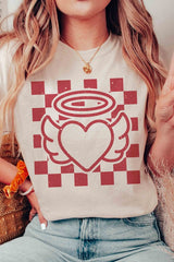 Plus Size - Checkered Angel Heart Graphic T-Shirt - Minihomy