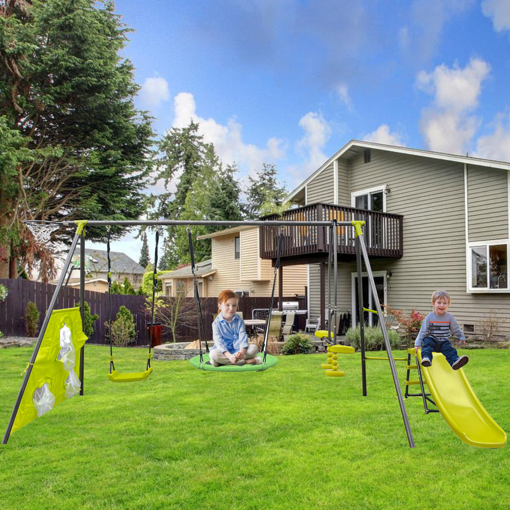 Kids' 6-Function Metal Swing Set with Net, Green & Blue, 440lbs, Ages 3+