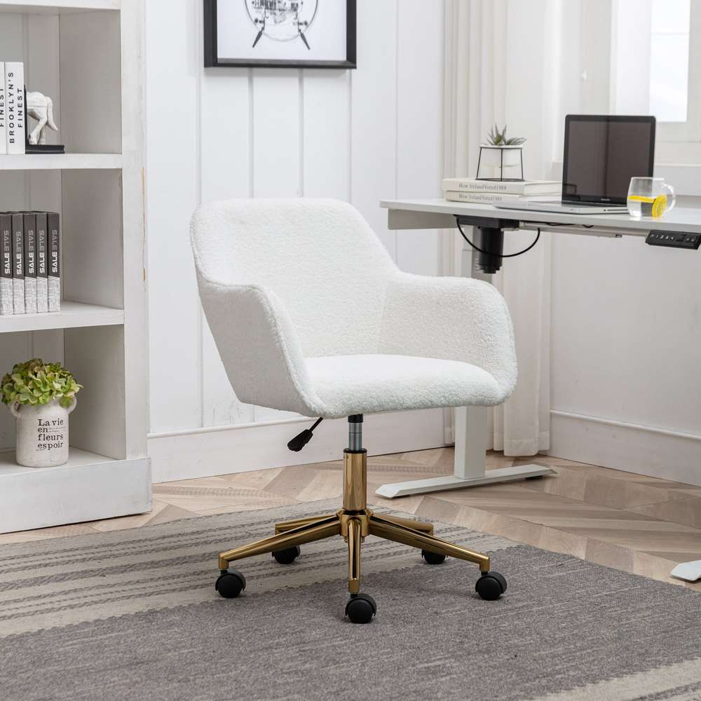 Adjustable Height Office Chair, White - 360 Swivel, Gold Legs