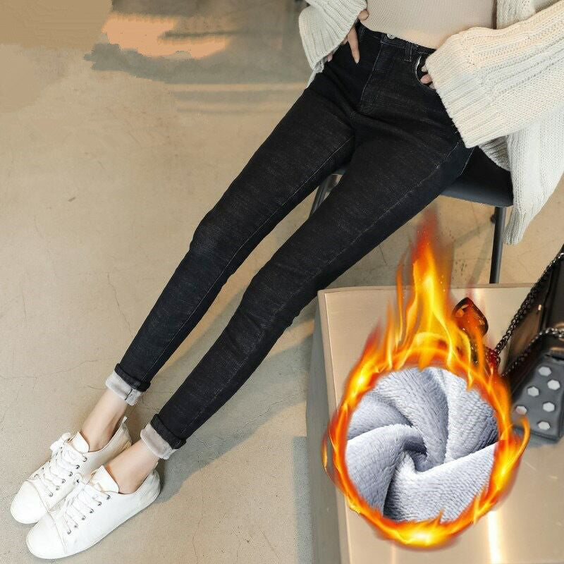 Thermal Winter Snow Warm Plush Stretch Jeans Lady Skinny Thicken Fleece Denim Long Pants Retro Blue Pencil Trousers