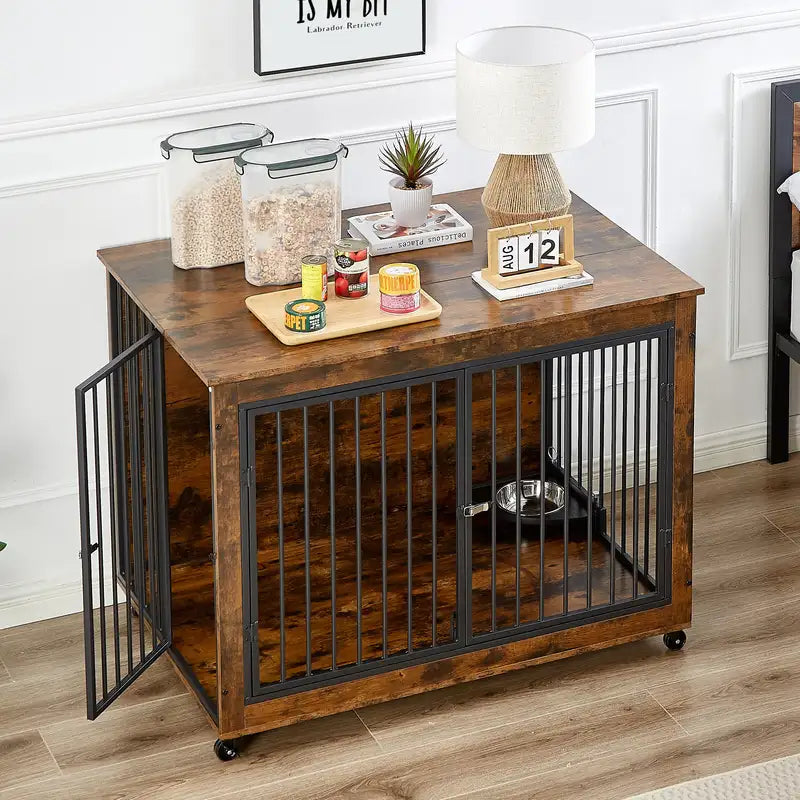 Rustic Brown Dog Crate End Table with Feeder & Wheels - 43.7"W