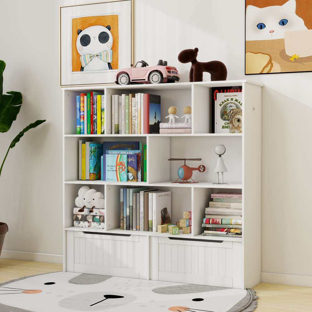 Kids Toy Organizer & Bookcase - 7 Shelves, 2 Drawers, 2 Hooks - White