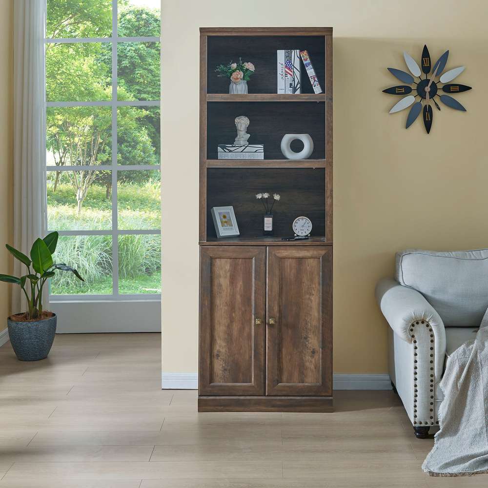 Rustic Brown 1-Door Bookshelf with USB Port & 3 Shelves