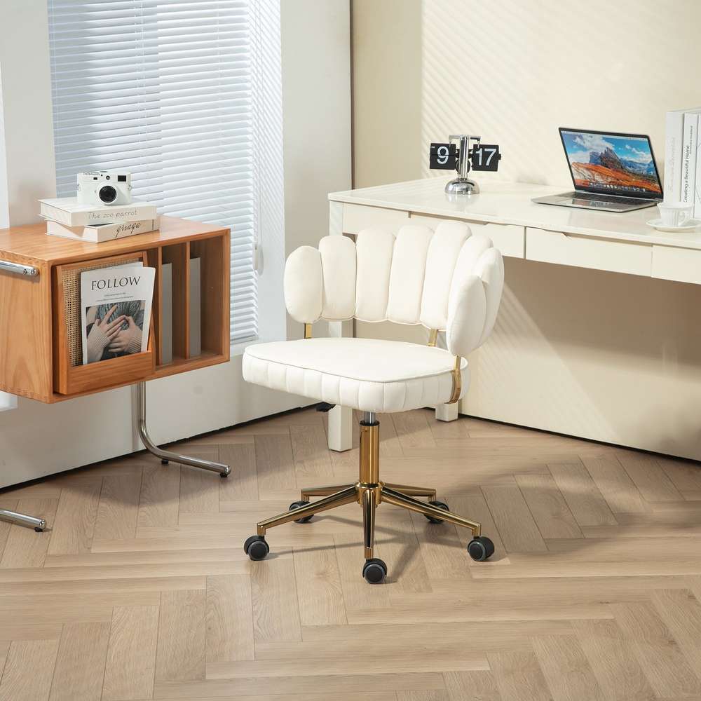 Beige Velvet Office Chair - Adjustable Height, Swivel, Wheels
