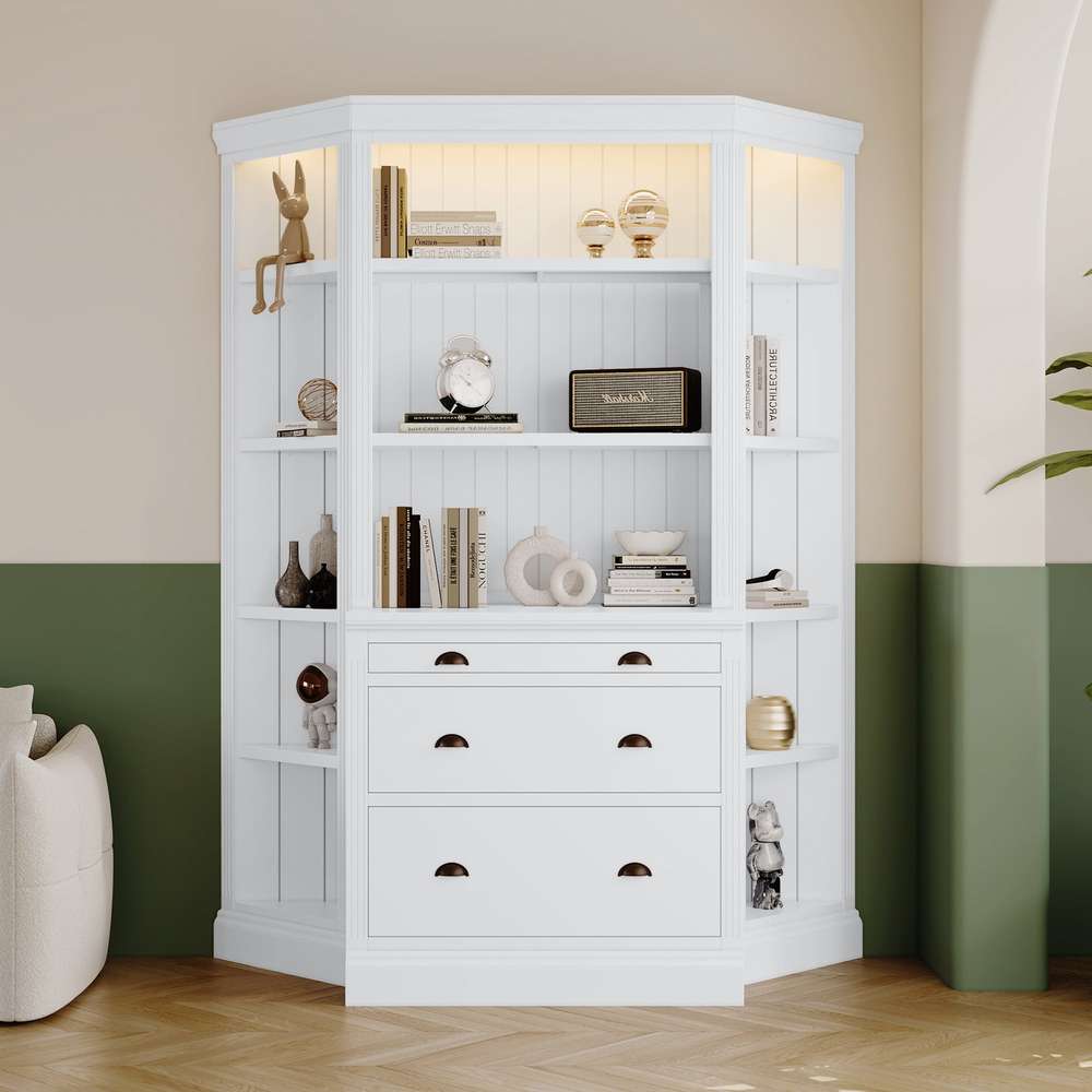 Tall Corner Bookshelf with Drawers & LED Lighting - 5-Tier White Bookcase