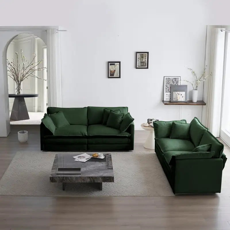 Green Chenille Sofa & Loveseat Set: 2-Piece Living Room Furniture