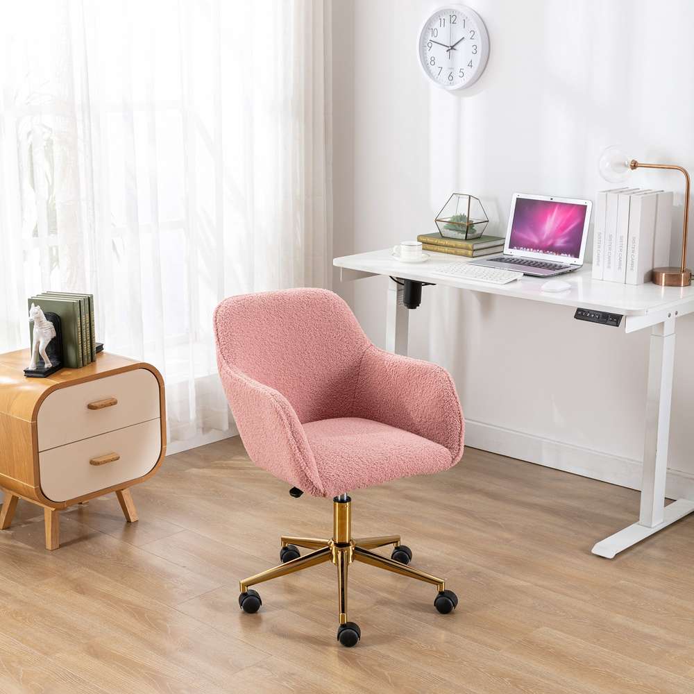 Pink Adjustable Office Chair - Modern Teddy Fabric, Gold Legs, 360° Swivel