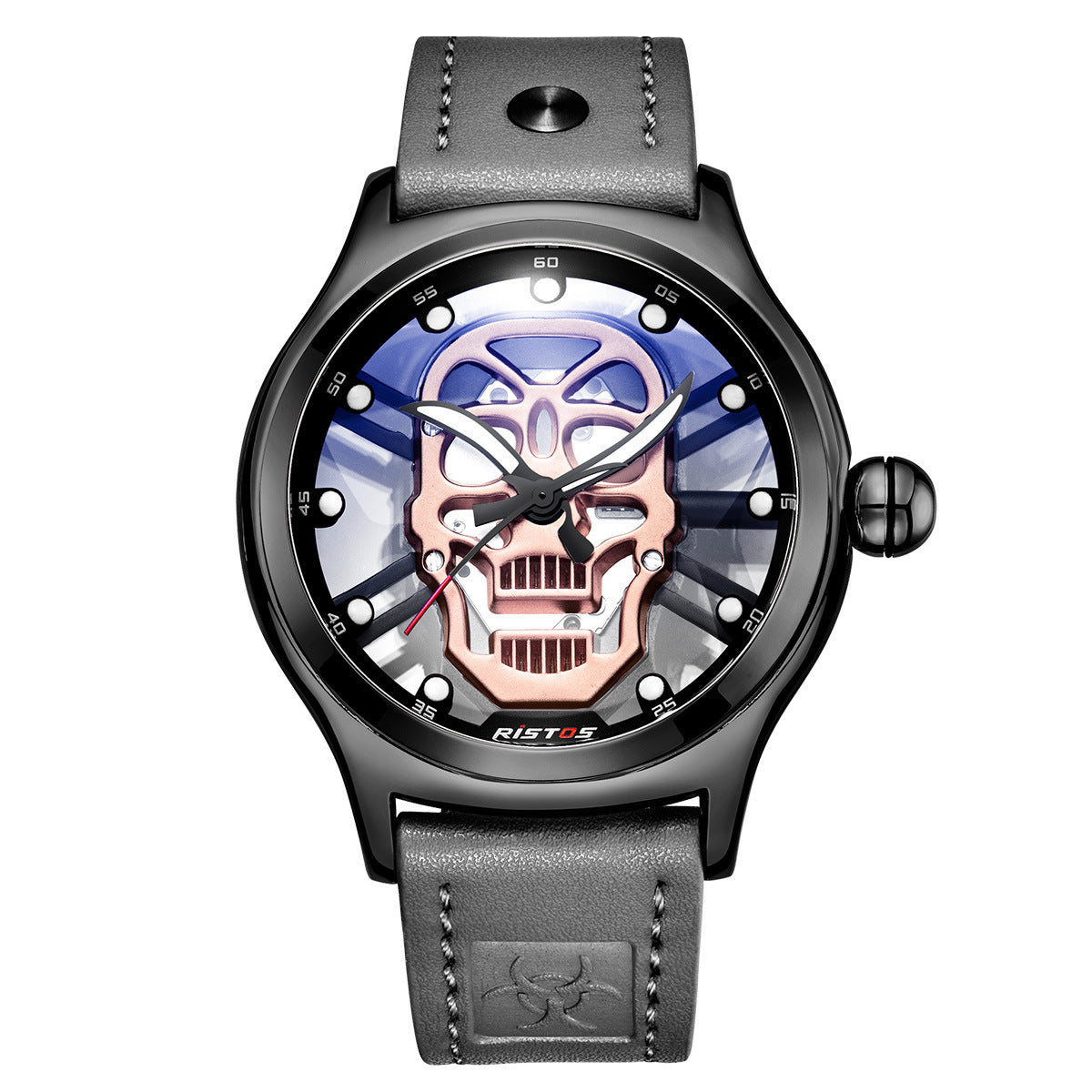 Men's Skeleton Skull Quartz Watch with Genuine Leather Band