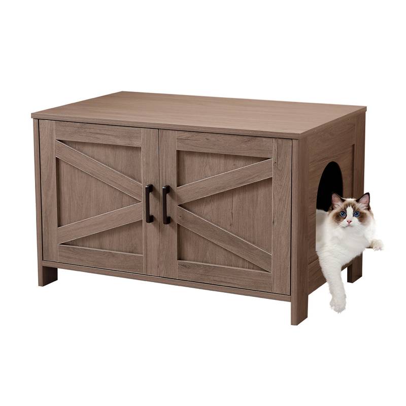 Hidden Cat Litter Box Furniture End Table with Barn Door - Greige