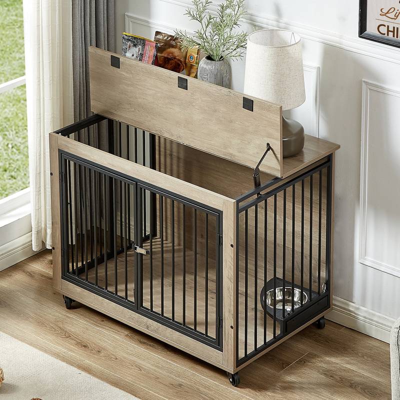 Grey Dog Crate End Table with Feeder, Wheels & 3 Doors - 38.58"W