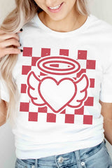 Plus Size - Checkered Angel Heart Graphic T-Shirt - Minihomy