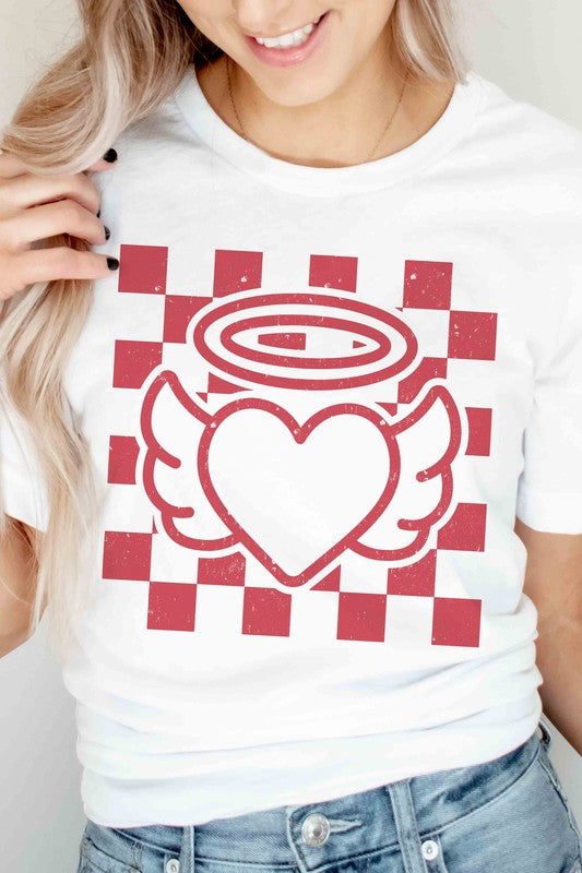 Plus Size - Checkered Angel Heart Graphic T-Shirt - Minihomy