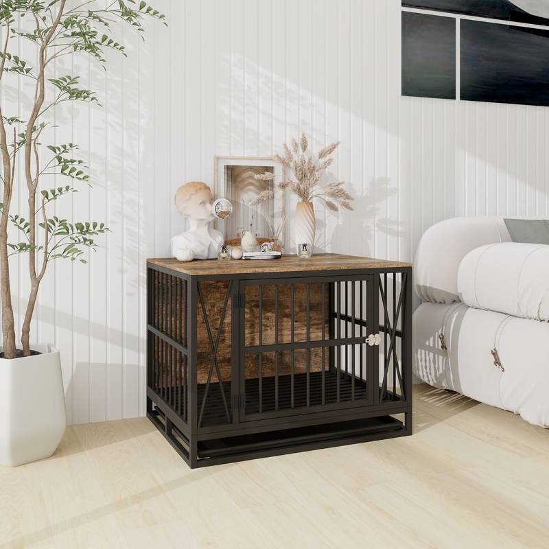 Rustic Brown Dog Crate End Table - Heavy-Duty Dog Kennel (Up to 70 lbs)