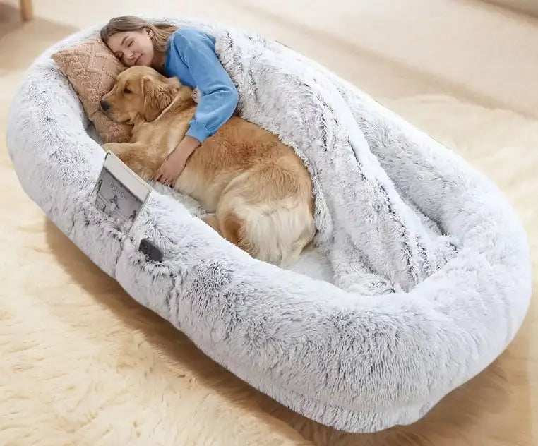 Large Washable Faux Fur Dog Bed for Humans & Pets - 71"x40"x12" (Grey)