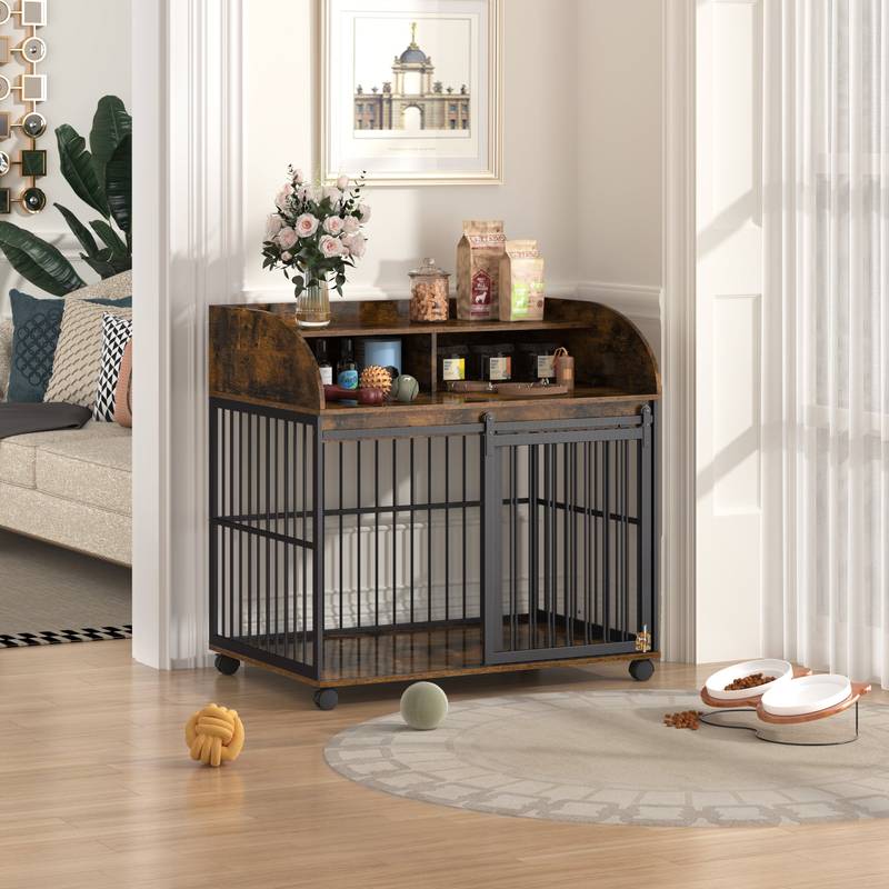 Heavy Duty Dog Crate End Table - 38" Wooden Kennel with Storage & Lockable Wheels