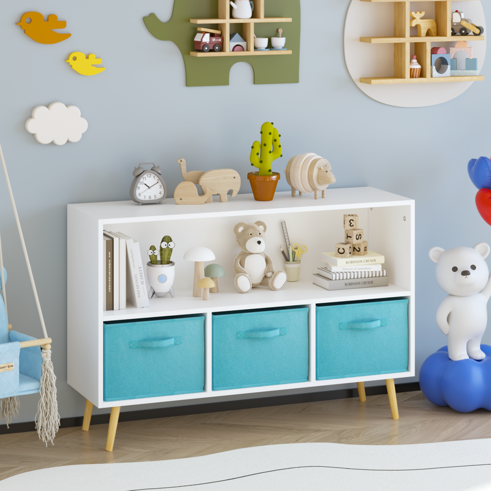 Kids Bookcase with Fabric Drawers - Toy Storage Organizer (White/Blue)
