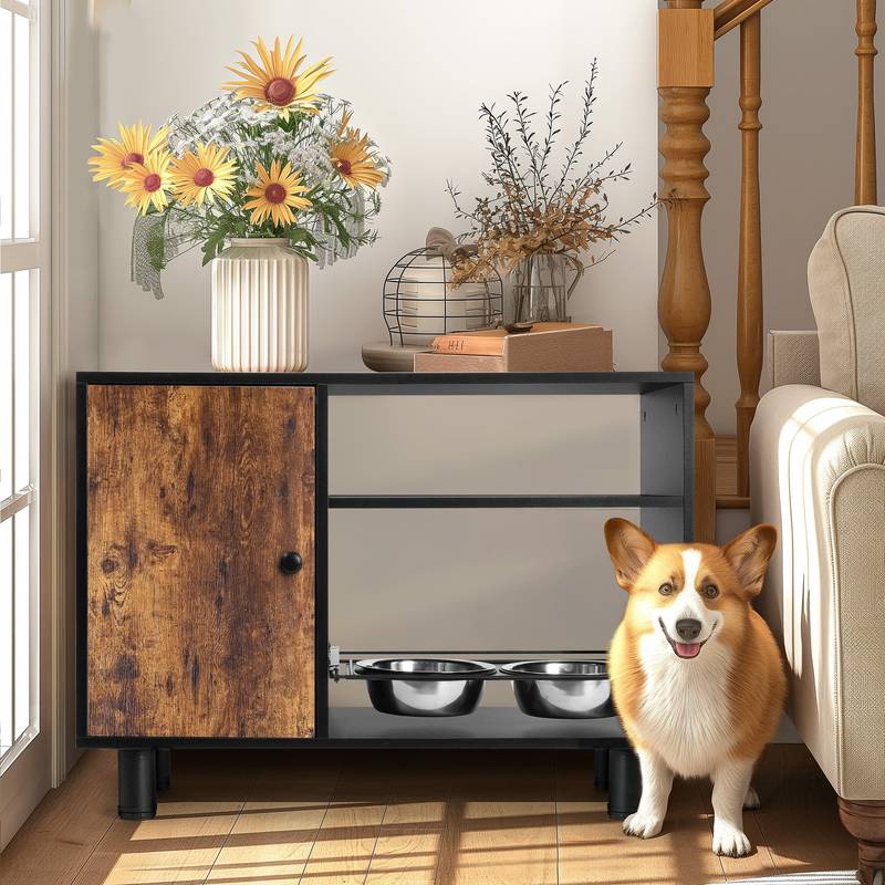 Raised Pet Feeder Station with Stainless Steel Bowls & Storage