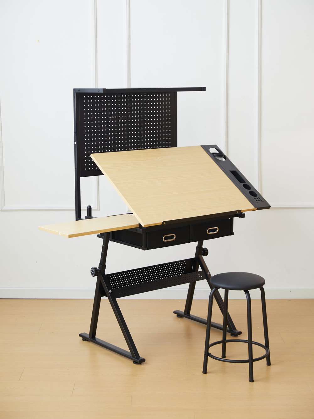 Metal Perforated Drafting Table with Storage Panel