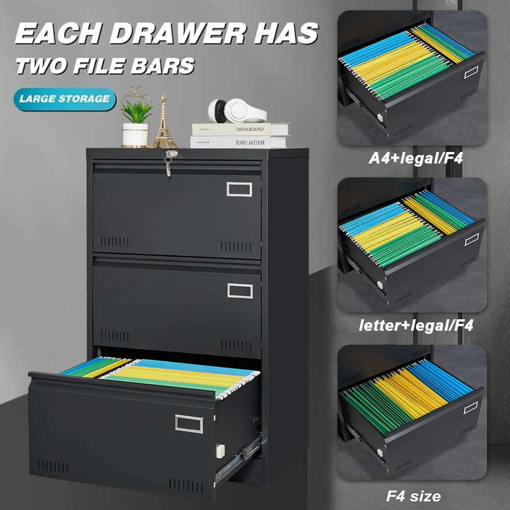 3-Drawer Lateral File Cabinet with Lock - Black Metal Filing Cabinet for Office & Home