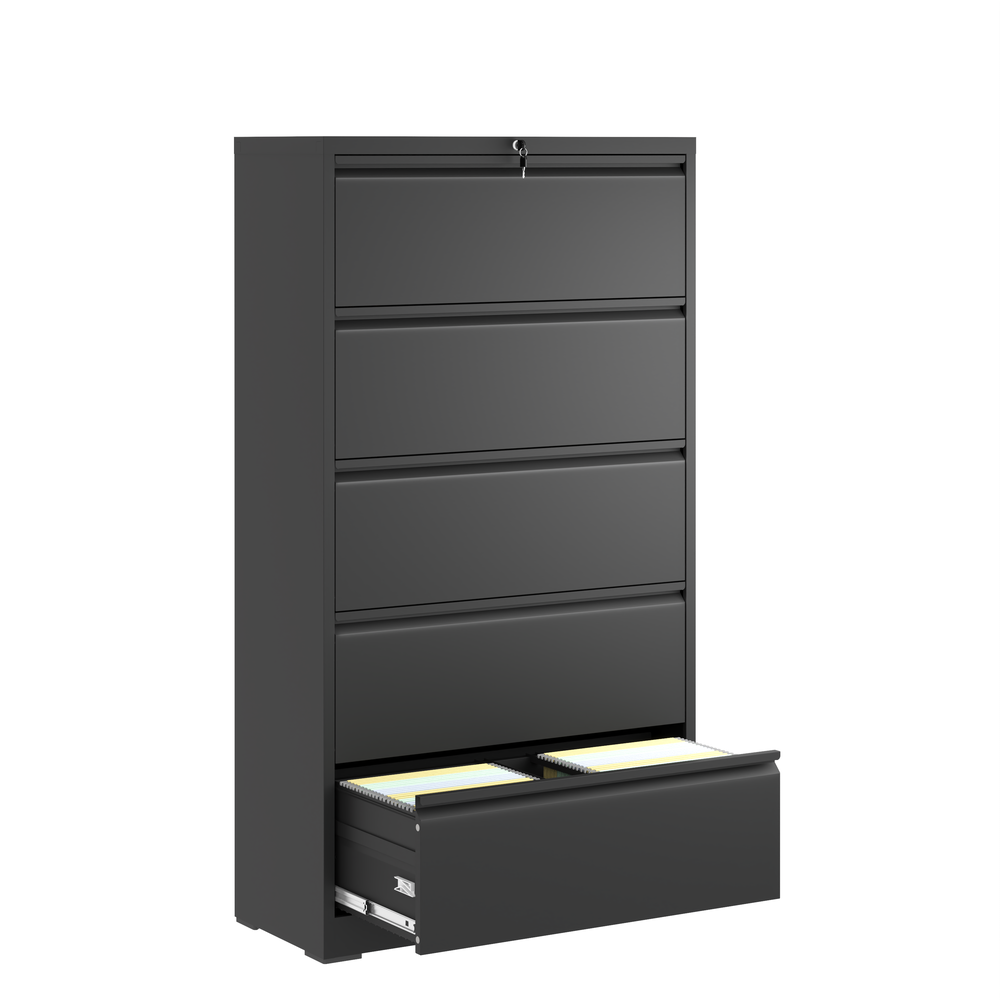 Black Metal Lateral File Cabinet with Lock - 5 Drawers, Legal/Letter/A4/F4 Size