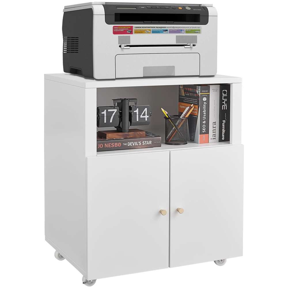Mobile Printer Stand with Wheels & File Cabinet - Open Shelving