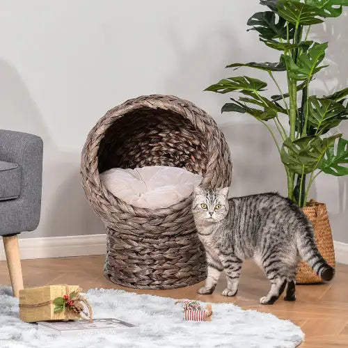 Elevated Cat Bed with Cushion - Gray Wicker Cat House - 23.5"H