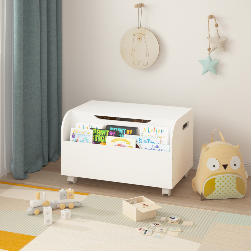 Kids Toy Chest Organizer: Wooden Toy Box with Wheels & Bookshelf (White)