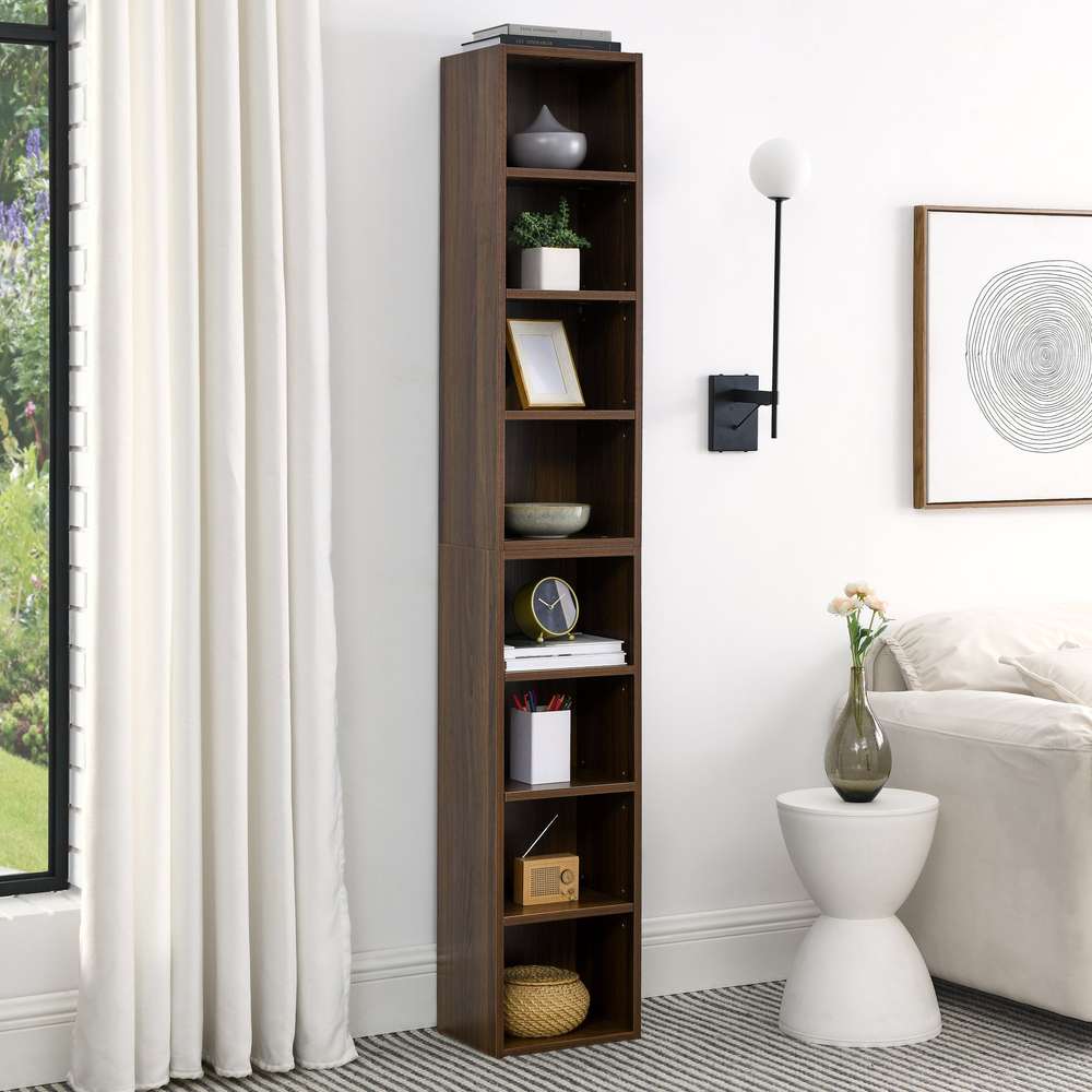 8-Tier Media Tower: CD/DVD Storage, Adjustable Shelves, Narrow Bookcase